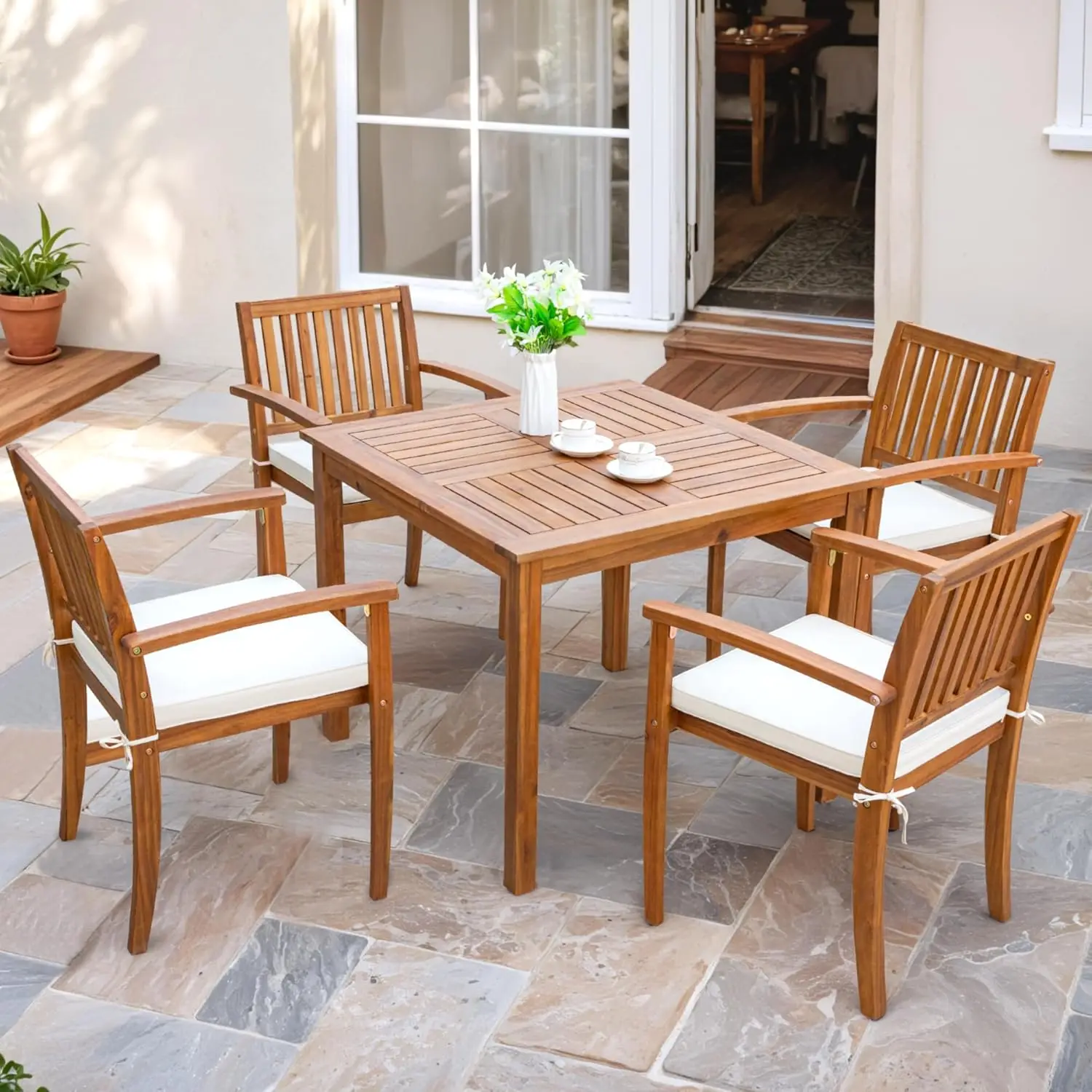

5 Piece Outdoor Dining Set Acacia Wood Patio Table and Chairs with Soft Cushions Patio Furniture for Deck,Customized