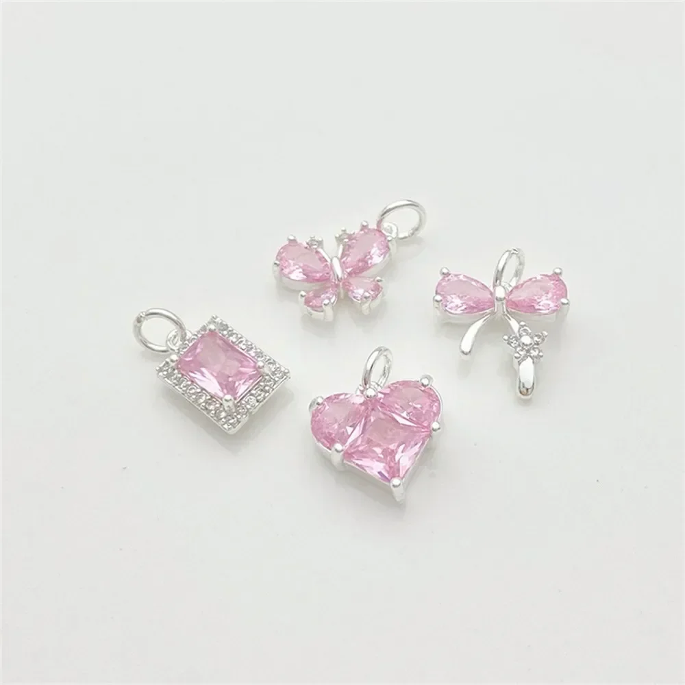 Silver Pink Zirconia Love Butterfly Pendant Handmade DIY Bracelet Necklace Ear Accessories Material Accessories