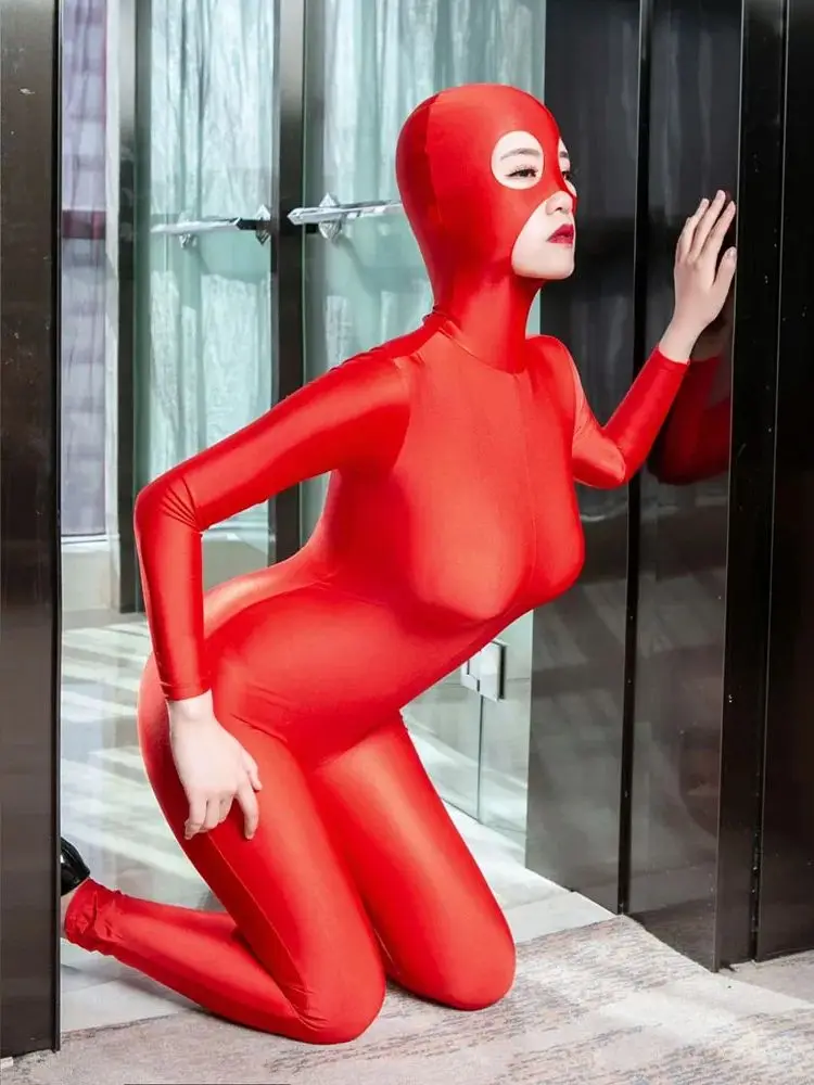 Zentai Catsuit con capucha para hombre y mujer, traje de manga larga con cremallera, entrepierna abierta, leotardo ajustado, lencería conjunta, mono, Peluches