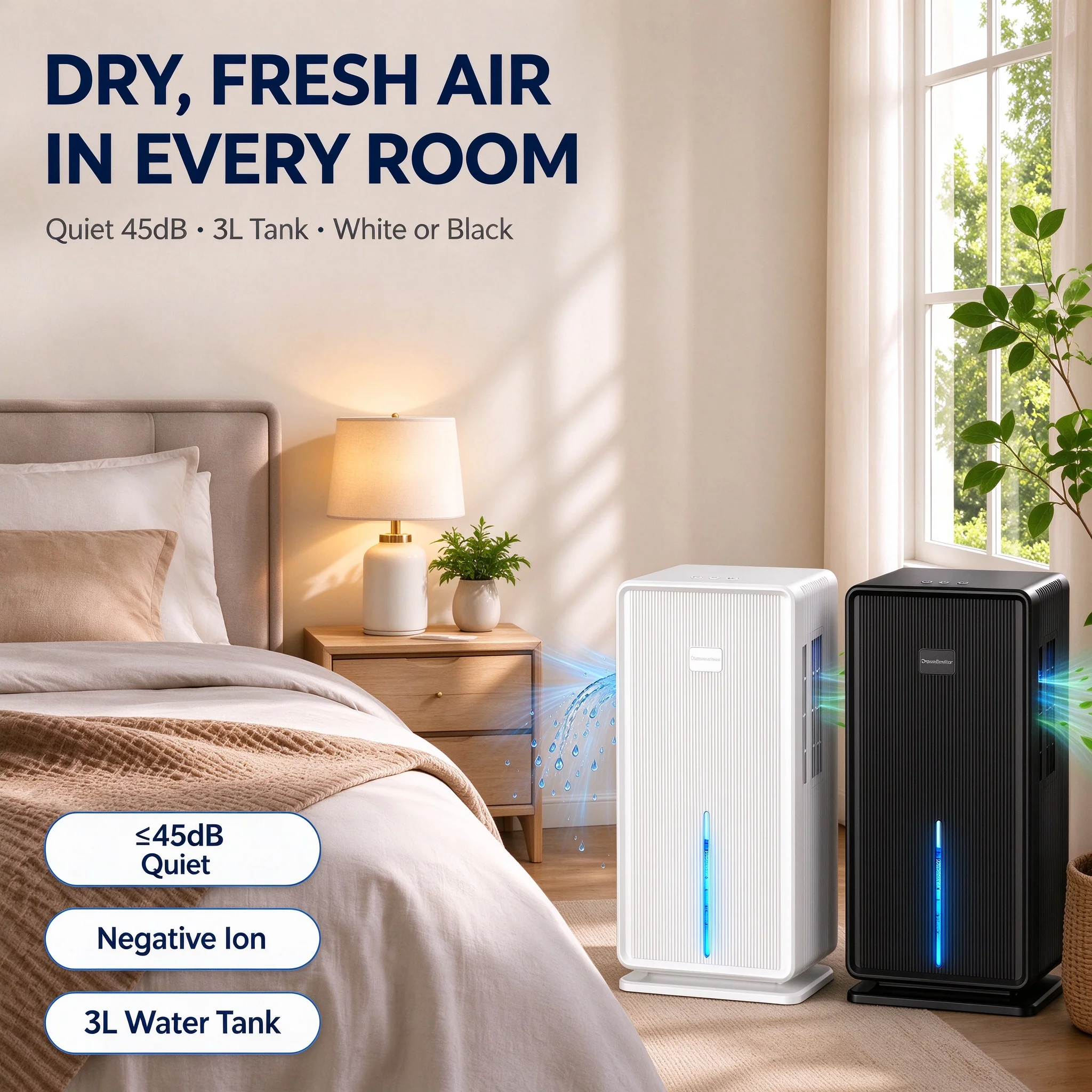 ortable Electric Dehumidifier 3000ml Negative Ion Air Purify Auto Shut Off Moisture Remover for Bedroom Basement Black White