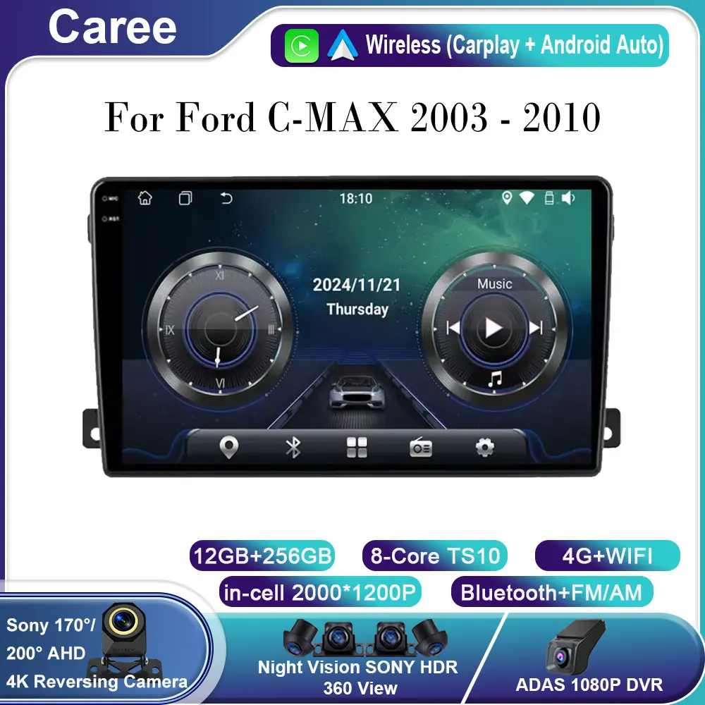 

Car Radio For Ford C-MAX 2003 - 2010 GPS Navigation Android Auto Stereo Video Multimedia Player Screen Carplay Wifi 4G No 2din