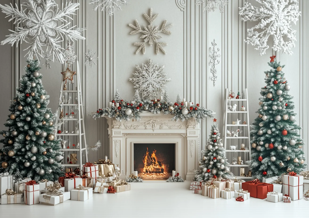Christmas Fireplace Background Gold Xmas Star Decor Pine Tree Gift White Backdrop Kids Birthday Photo Wooden Room Booth