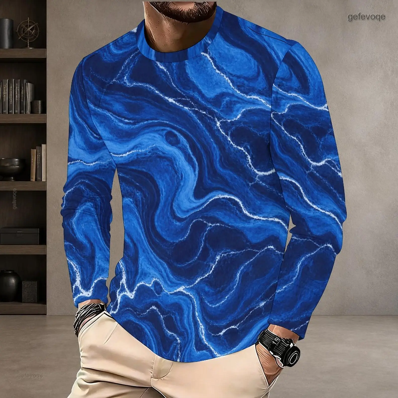 Men Allover Rainbow Swirl Flame Printed Round Neck Long Sleeve Pullover T-Shirt