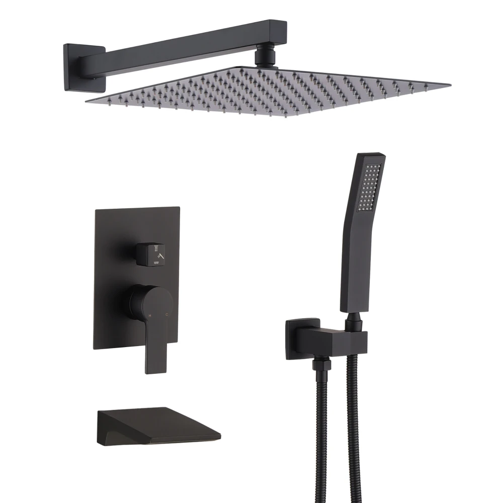 

Matte Black Shower Faucet Set Rainfall System 10 Inch Head Handheld Combo Valve Included