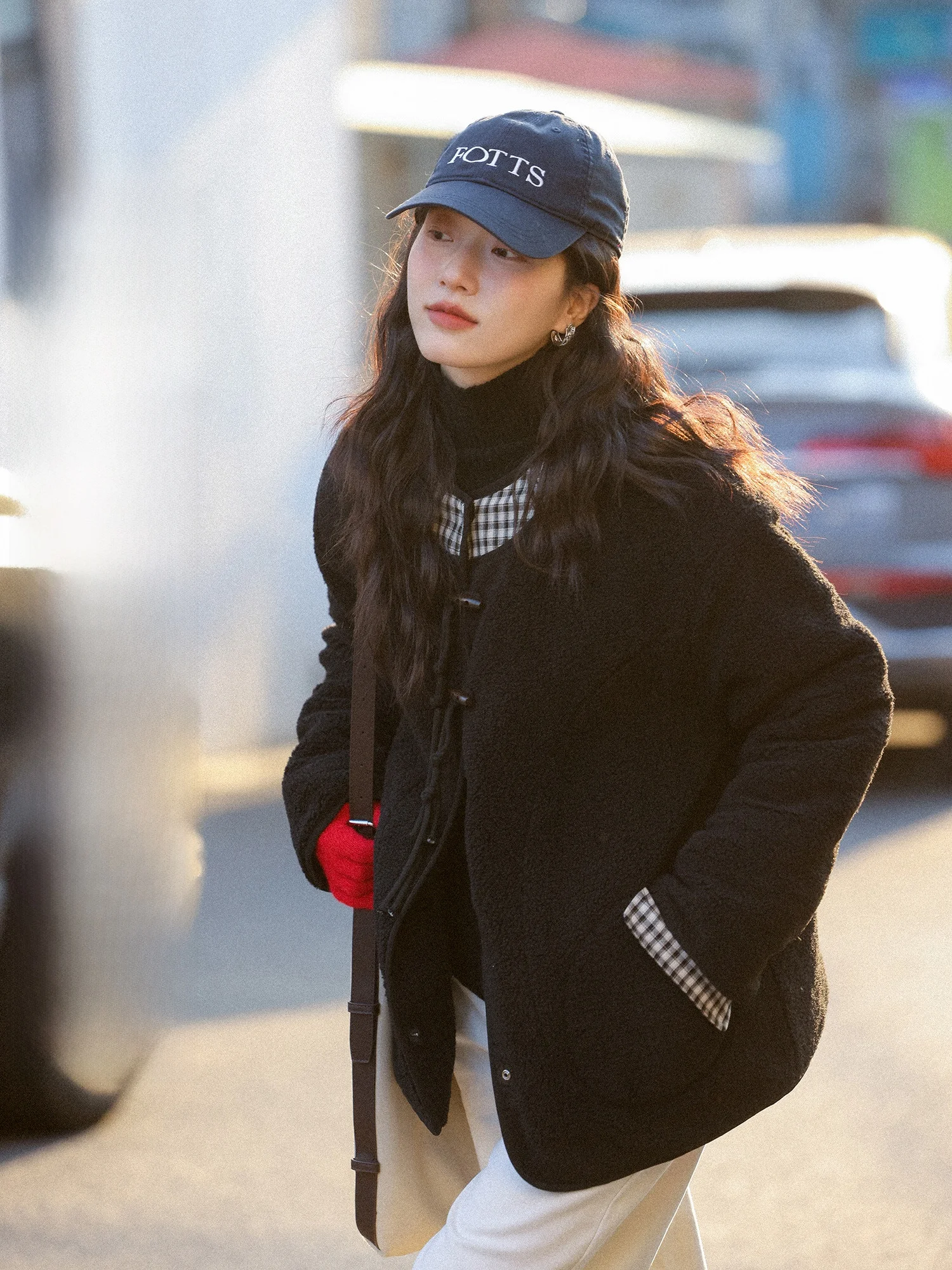 

Bla Plaid Splicing Thiened Lamb Fur Jaet Women's Winter Beautiful Ele Plu Top Loose Fit Long Sve Zipper Closure