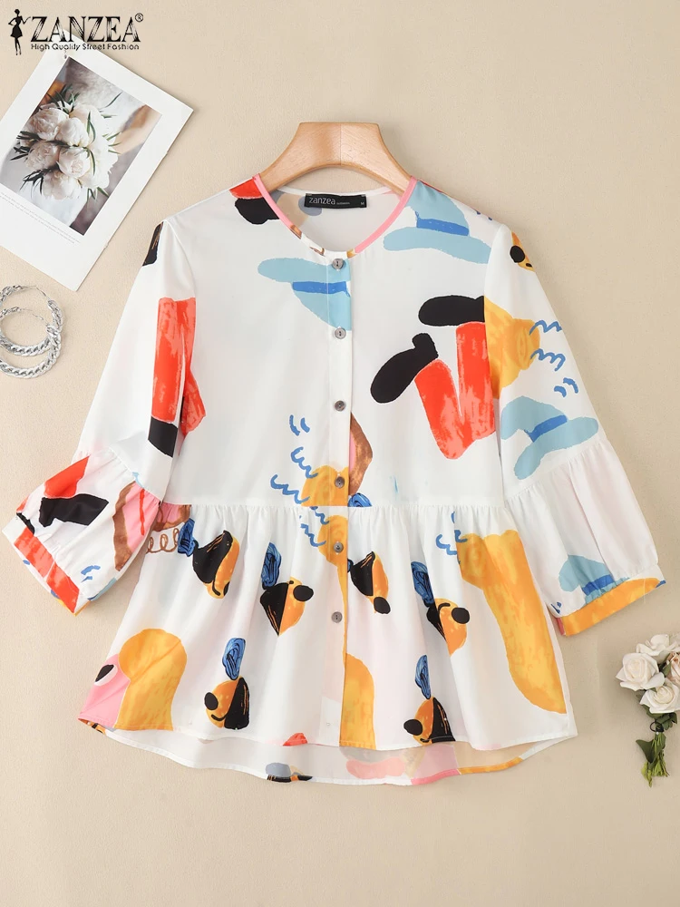 Stylowa koszula damska z nadrukiem na jesień 2025 ZANZEA, bluzka z długim rękawem i okrągłym dekoltem, codzienna bluzka zapinana na guziki, elegancka koszula do pracy, luźne topy.