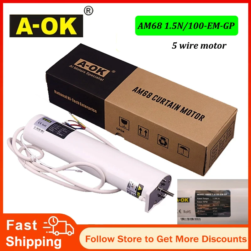 

A-OK AM68 1.5N/100-EM-GP 5 Wire Curtain Motor,RF433 Remote+RS485+Dry Contact+Strong Power Wall Switch Control,100-240V 50/60HZ