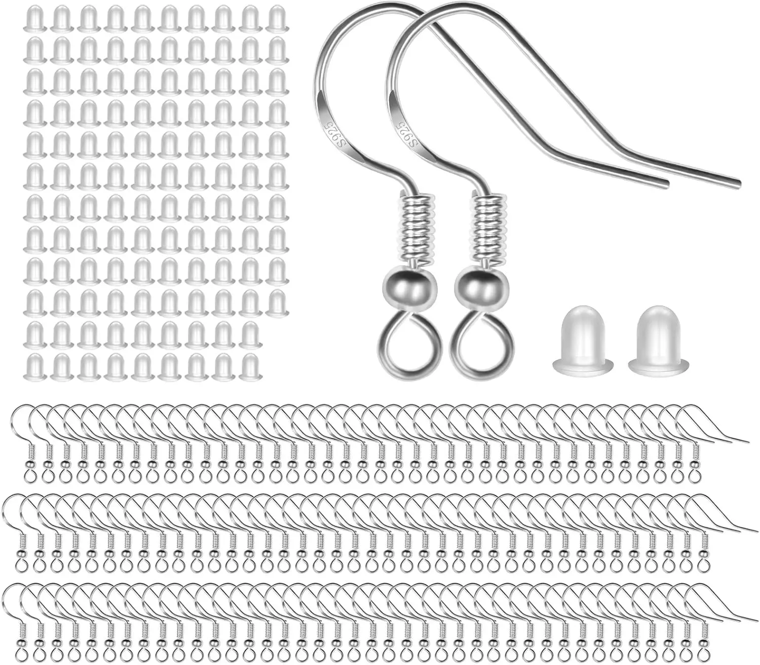 

120 Pairs 925 Sterling Silver Fish Hook Ear Wires with Clear Silicone Backs, Hypoallergenic Jewelry Findings for DIY