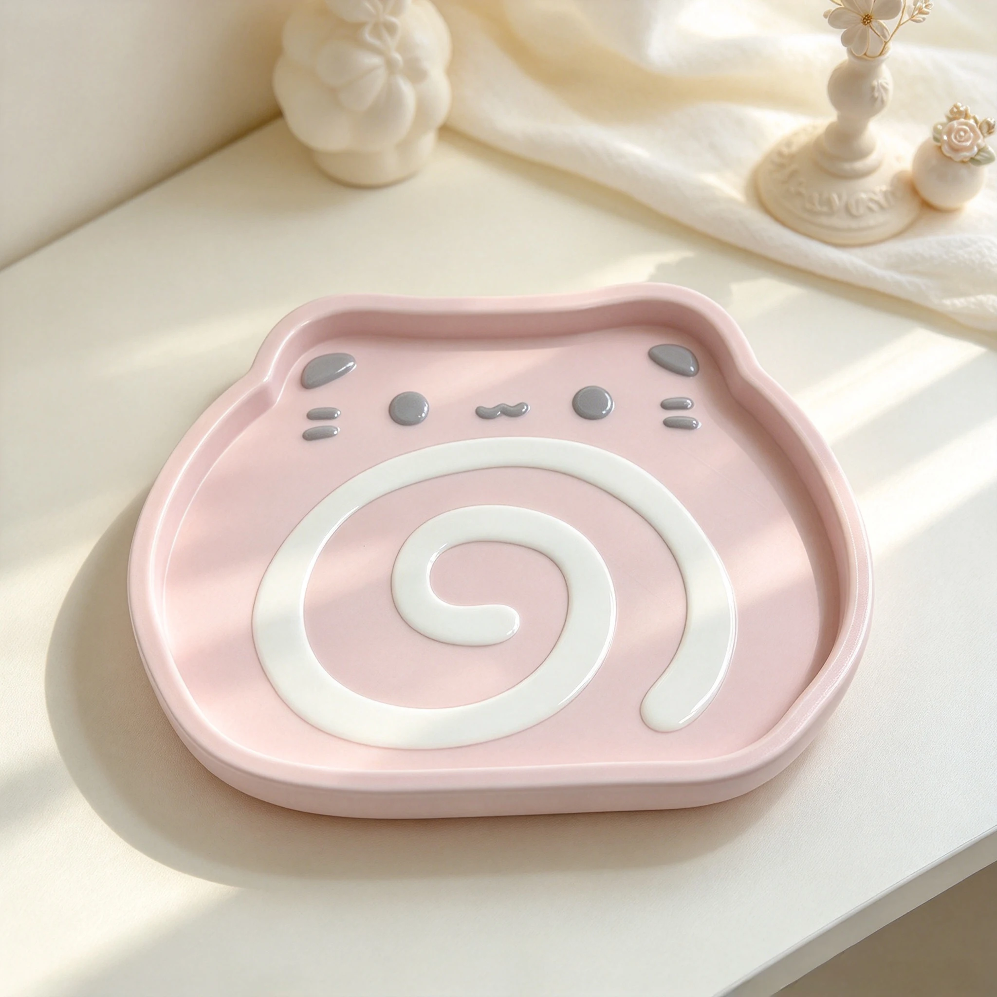 Korean-style New Super Cute Kitty Swiss Roll Tray Mini Card Storage Display Tray Desktop Key Holder Photo Decoration Ornament
