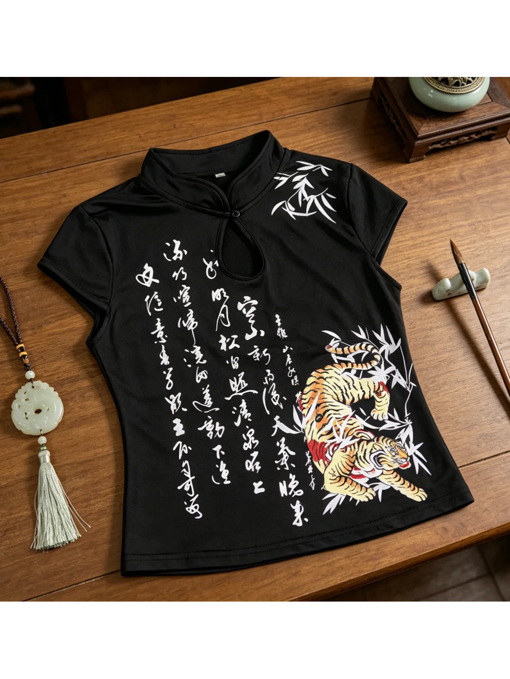 2026 Summer New Retro Tiger Bamboo Printed Cheongsam Collar Hollow Short Sleeve Top Y2K Spicy Girl Street Fashion Trendy Niche
