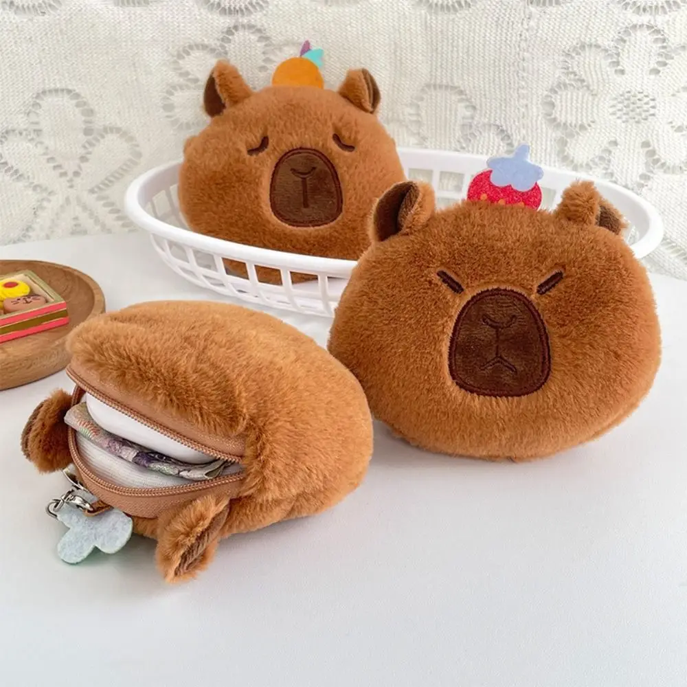 Brown Cartoon Capybara Purse Creative Hairy Bag Ornament Keyrings Pendant Storage Packet Cute Plush Doll Keychain
