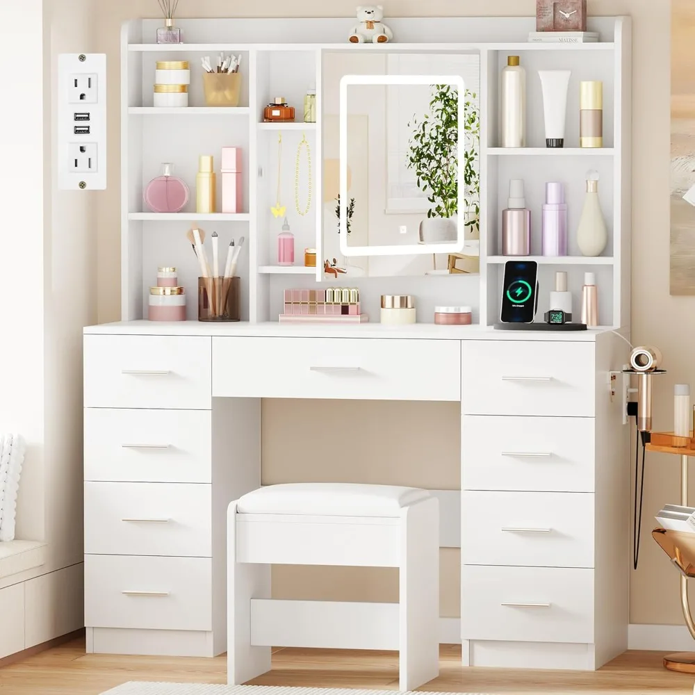 

Vanity Desk with Mirror and Lights, Makeup Vanity Table with Power Outlet, Stool Vanity Table with 9 Drawers 6 Storage