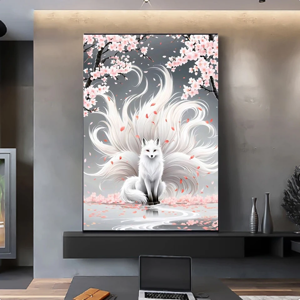 New Arrivals Diamond Painting Cross Stitch White pink nine-tailed fox Diy Mosaic Fantasy Animal Art DIY Embroidery Home Decor