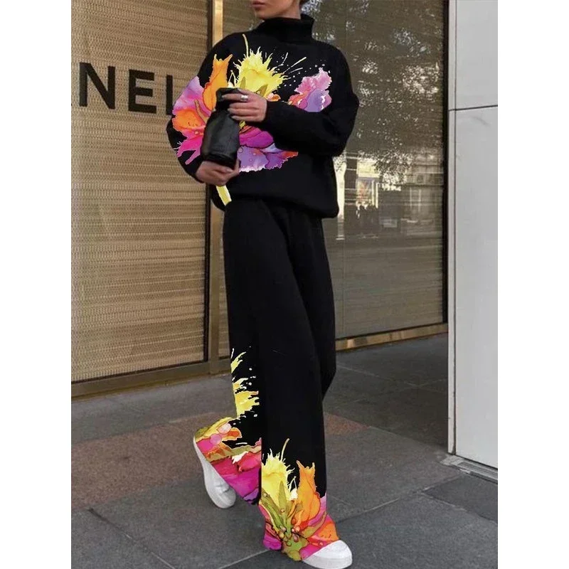 Onecozyday 2024 Floral Print Streetwear Pant Sets High Neck Long Sleeves Shirt Top and High Waist Wide Leg Pants Casual Suits