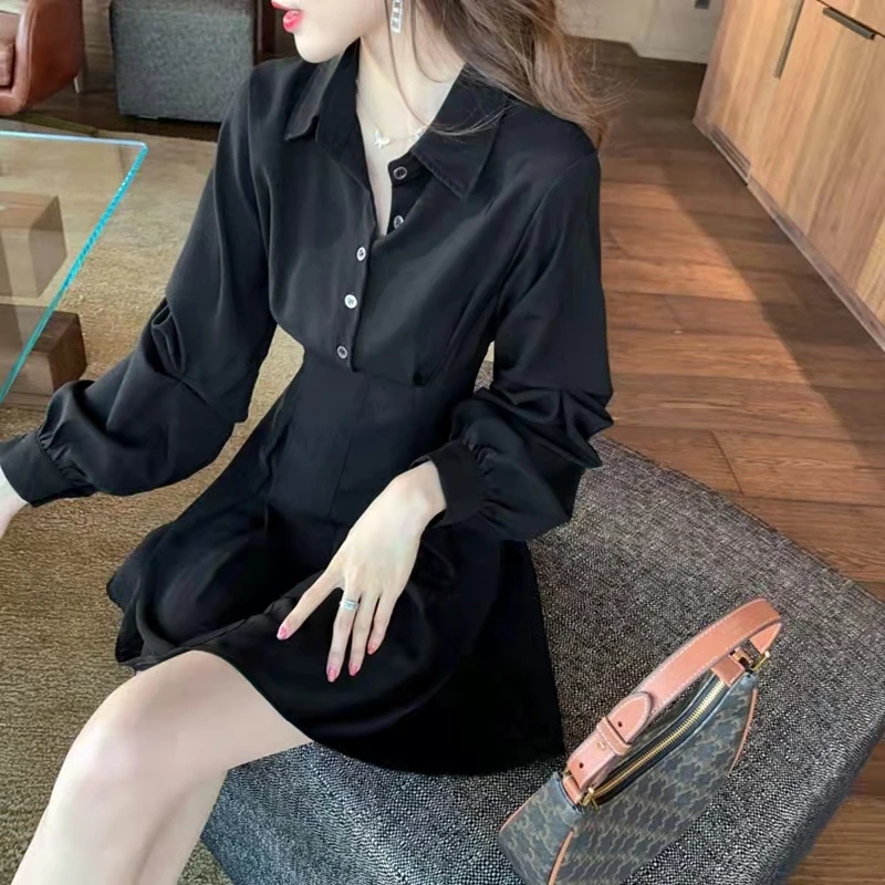 Fashion Black Wrap Shirt DressWomen Office Ladies Elegant Short Dresses2023 Korean Style  Casual Robes Female Autumn