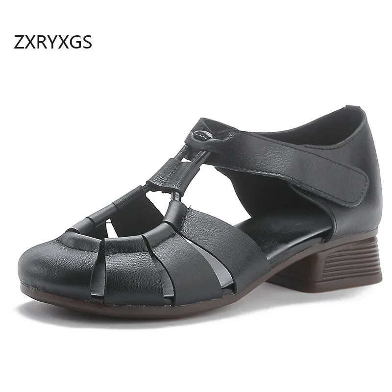 

ZXRYXGS 2024 Promotional Round Toe Summer Genuine Leather Sandals Women's Shoes Fashion Versatile Soft Sole Low Heel Sandals New