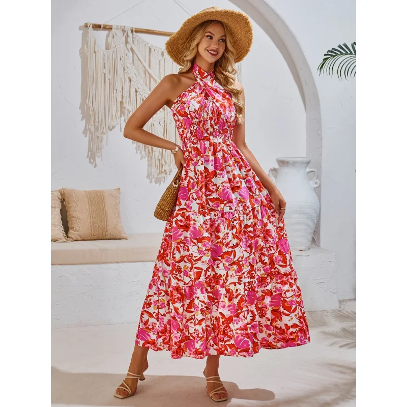 SHAN-vestido Halter con estampado de estación independiente para mujer, ropa informal de vacaciones de verano, diseño propio, nuevo producto