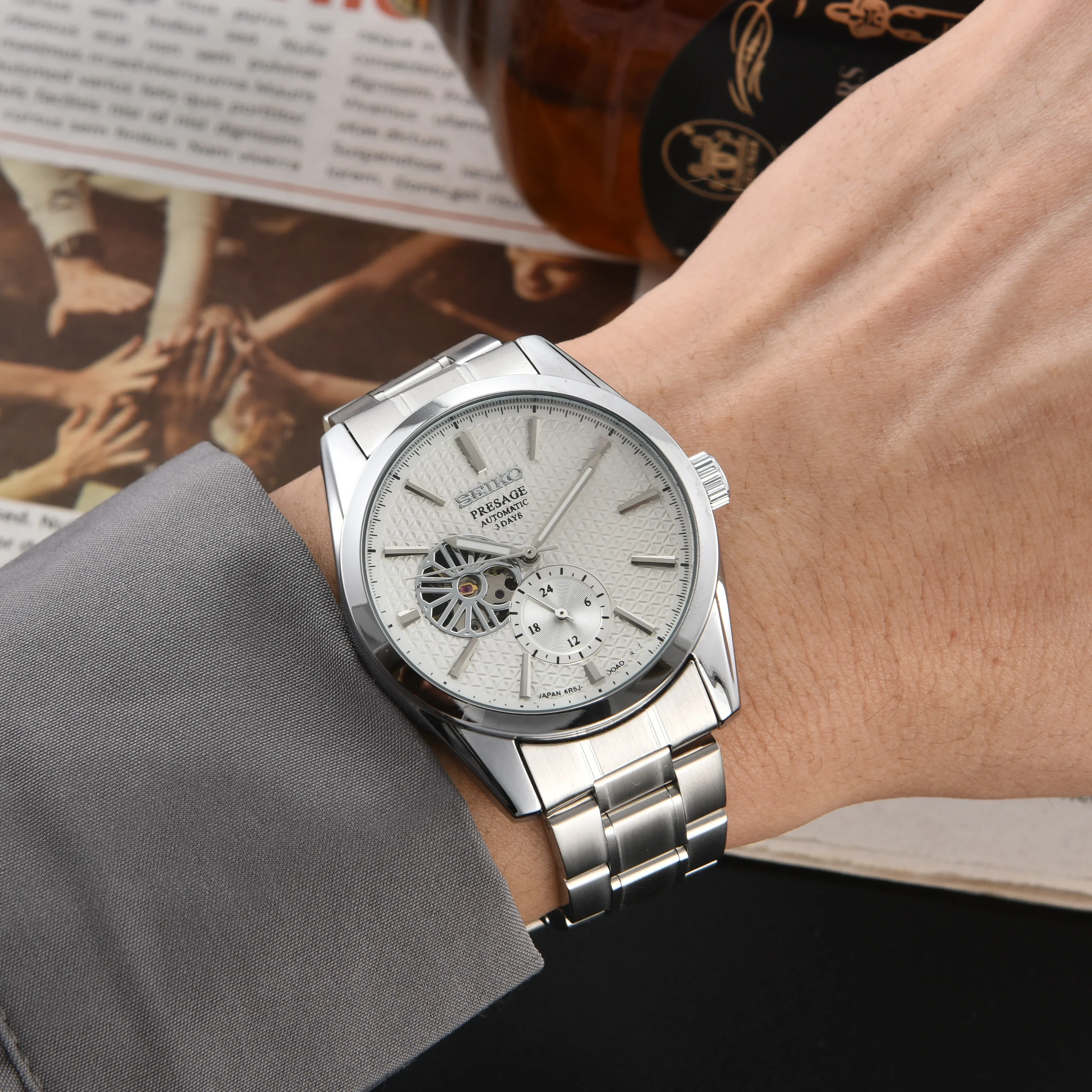 Seiko الدقة Presage سلسلة جوفاء التلقائي الميكانيكية حزام معدني موضة ساعة رجالية عادية SPB417J ، تجديد 1:1