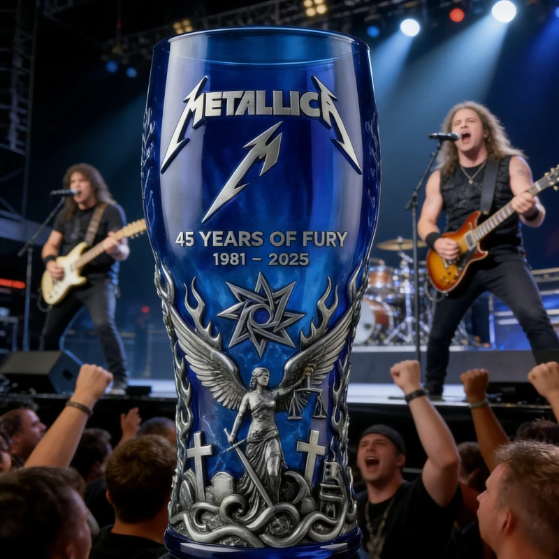 Metallica 45th Anniversary1981-2025 3D Embossed Blue Beer Glass, Heavy Metal Rock Band Collectible Tumbler,Barware Gift for Fans