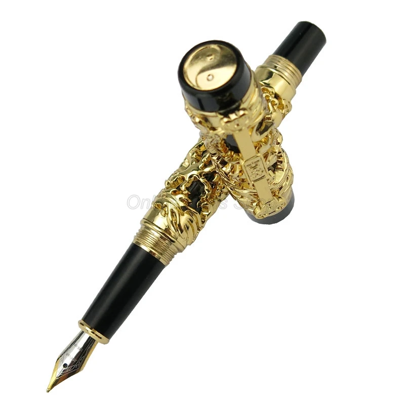 Jinhao Classic Dragon Phoenix Fountain Pen Metal Carving Embossing Heavy Pen Golden & Black For Stationery Gift Pen JF002