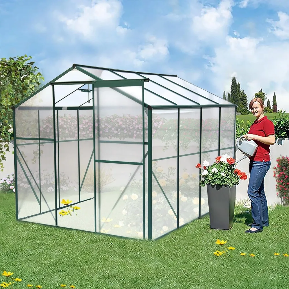 

6'x8' Garden Greenhouses, Heavy Duty Aluminum Green House with Rain Gutter, Sliding Doors & Vent Window, Walk in Greenhouse Kit