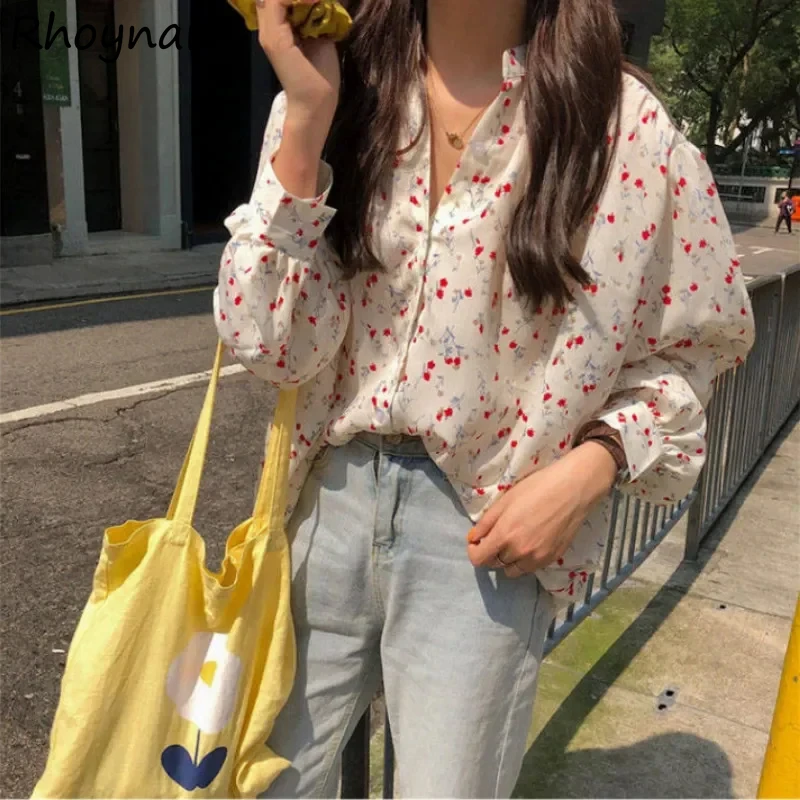 Floral Blouses Women Elegant Ulzzang V-neck Chic Blusas Mujer Long Sleeve Spring Casual All-match Cozy Feminine Hipster Hot Sale