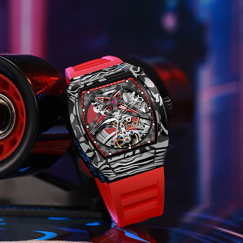 Original Design Tonneau Skeleton Automatic Watch for Men Waterproof Luminous Tourbillon Mechanical Watches reloj New