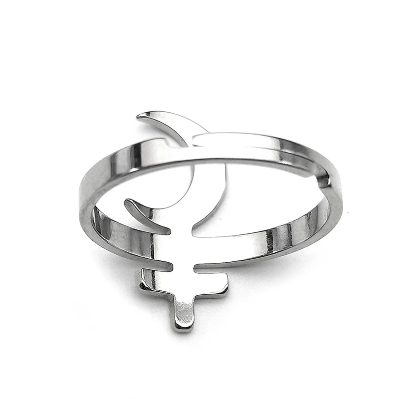 Lilith Crescent Inverted Cross Rings Stainless Steel Silver Color Astrological Symbol Sign Adjustable Finger Ring Satan Jewelry