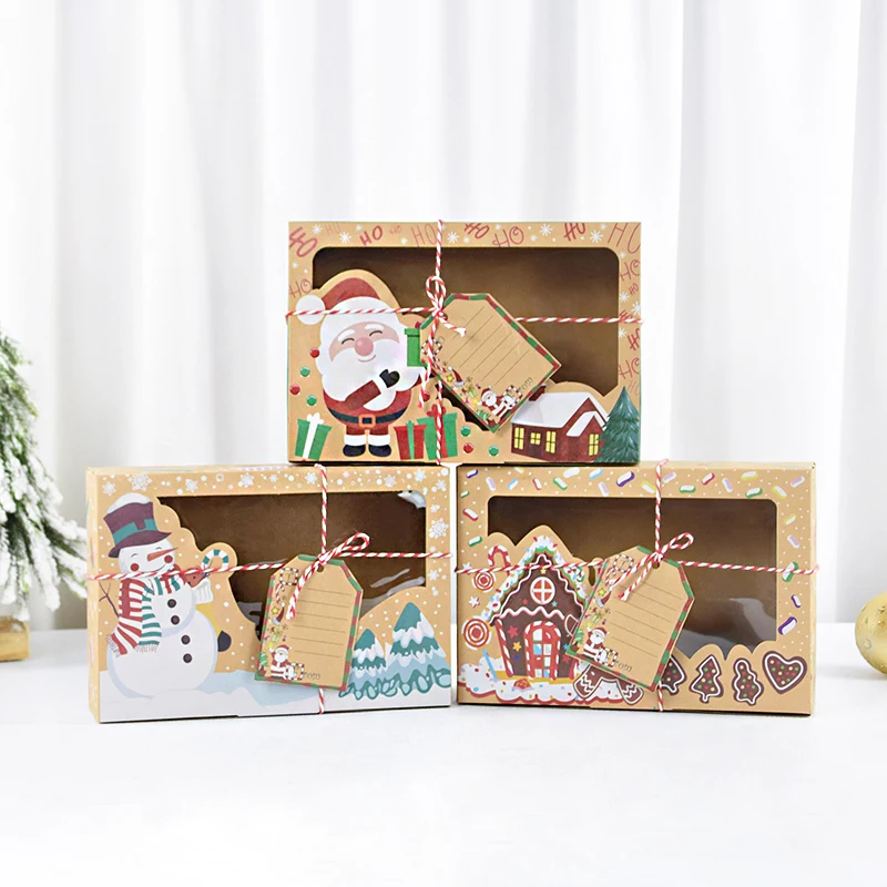 

3Pcs Christmas Candy Cookies Boxes Kraft Paper Gift Box With Clear Window Food Bakery Treat Boxes Navidad New Year Decoration