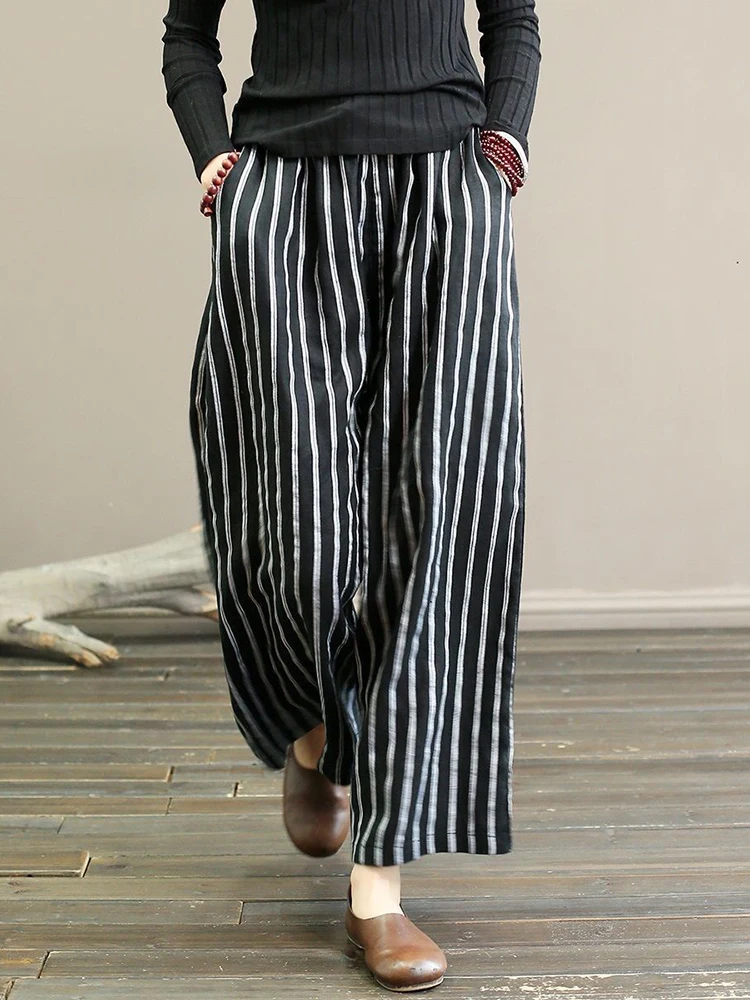 

Vintage Striped Wide Trousers for Women 2023 Autumn High Waist Straight Capri Pants with Print 4XL Cotton Linen Slim Home Pants