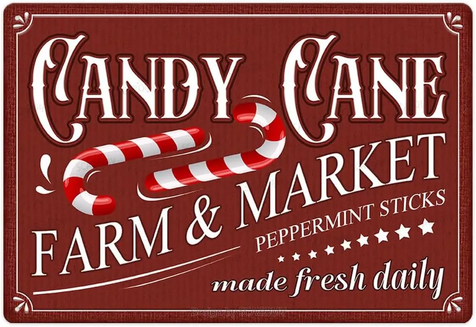 Candy Cane Metal Tin Sign Farm Market Peppermint Sticks Christmas Decor Vintage Retro Poster For Home Kitchen Cafe Bar Candy Sho