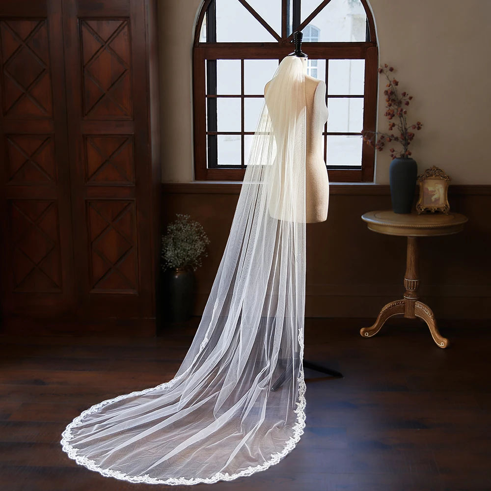 230CM Elegant Lace Applique Edge Bridal Veil One Layer Soft Tulle Marriage Wedding Veil Accessories for Women image 6