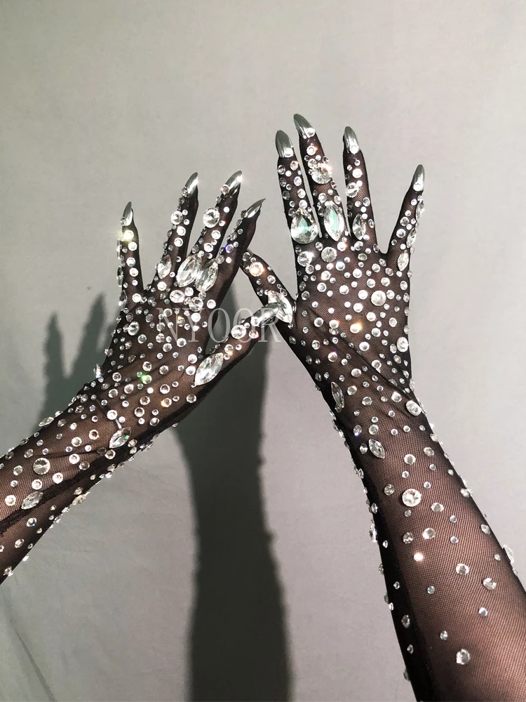 Guantes de malla negra con cristales brillantes, mitones largos con diamantes de imitación, elásticos transparentes, accesorios de ropa de escenario para fiesta de cantante