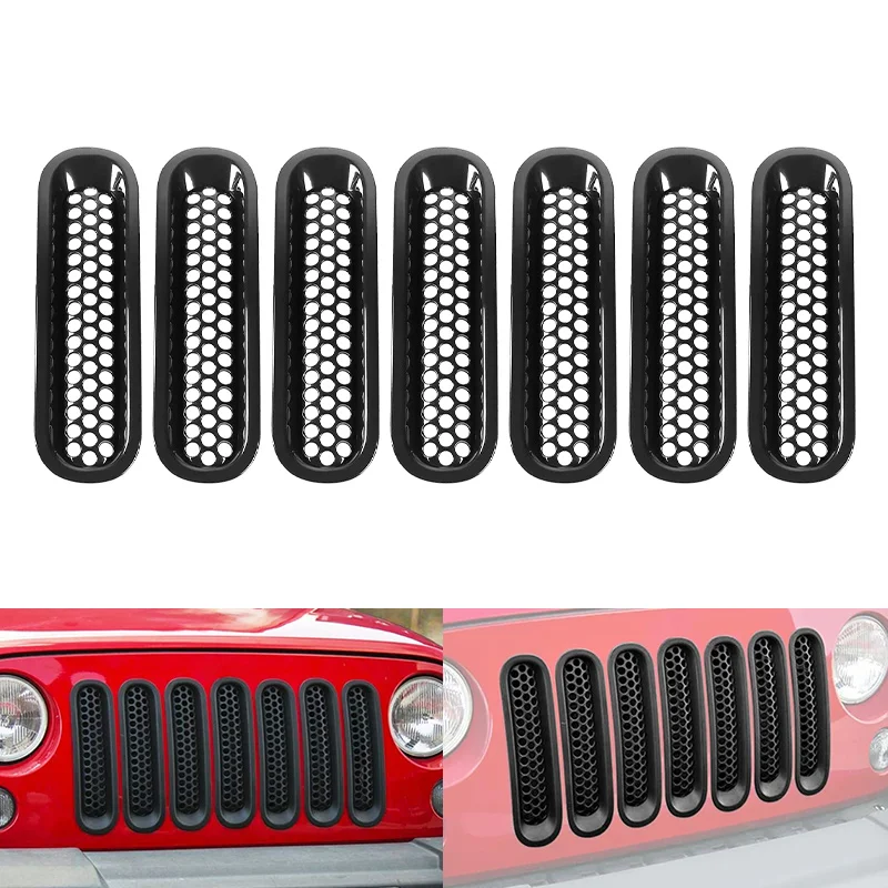 

7 шт. сотовая сетка, комплект вставок для передней решетки автомобиля для Jeep JK Wrangler 2007-2017, черная защелкивающаяся решетка, детали для внешней модификации