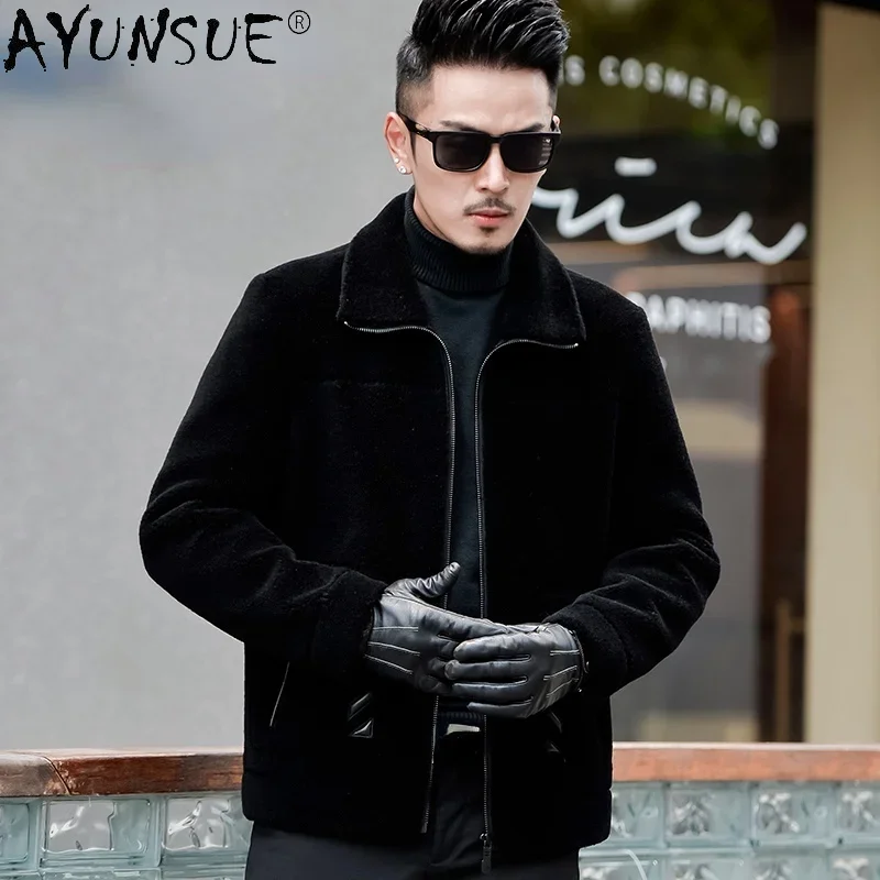 

AYUNSUE 100% Sheep Shearing Coat Men Warm Real Fur Jacket Male Black Short Wool Jacket Man's Winter Outwear Abrigo Hombre SQQ746