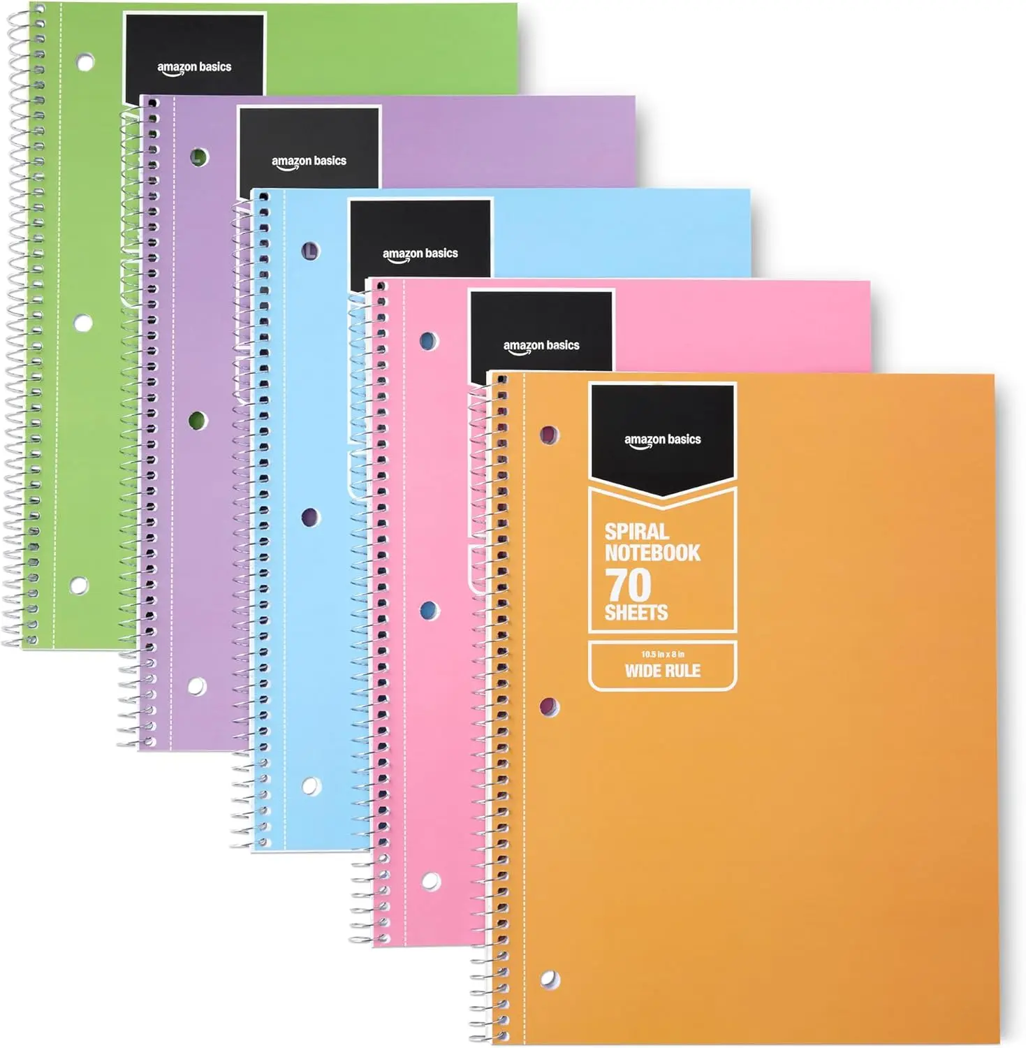

Wide Ruled Spiral Notebook, 70 Sheets, 8x10.5 Inches, 5-Pack in Assorted Pastel Colors