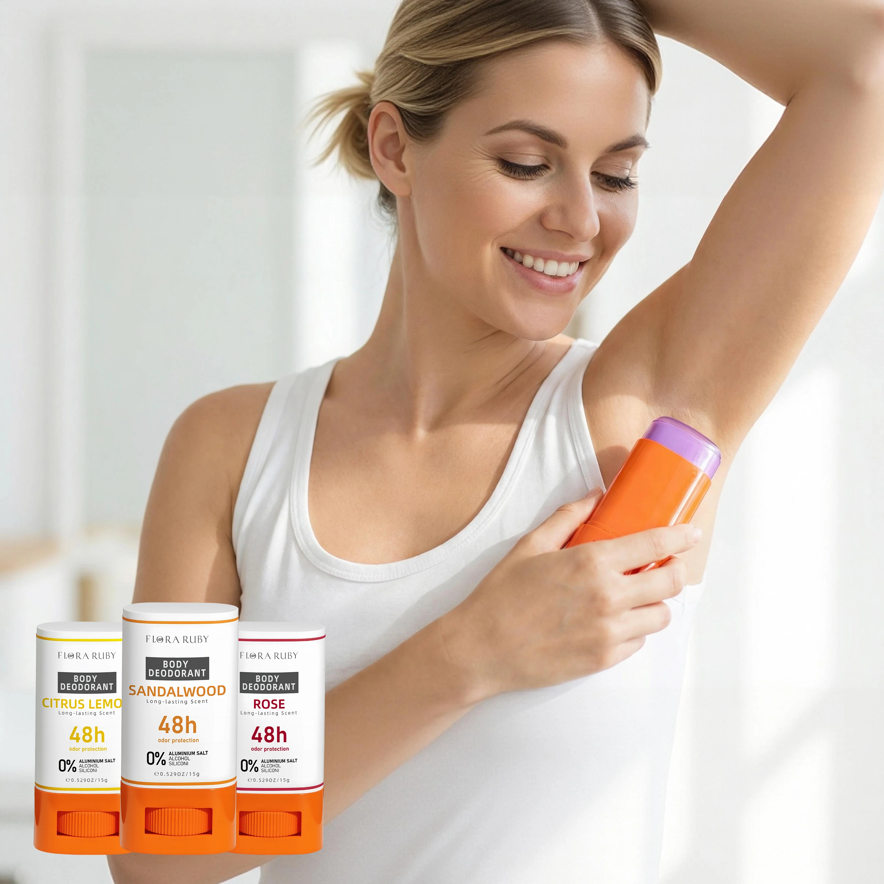 Flora Ruby 3-Pack Aluminum-Free Deodorant Sticks (15g Each) - 48H Odor Protection, Compact & Travel-Friendly