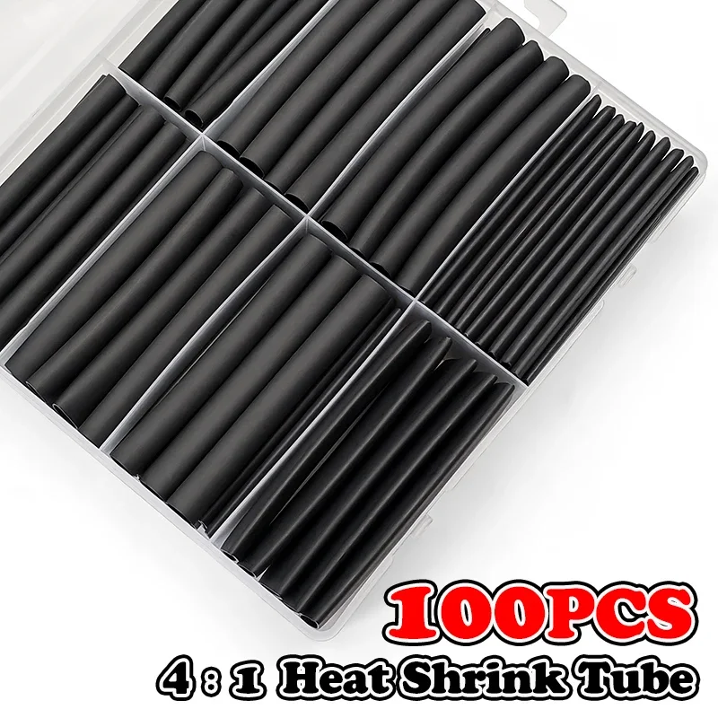 Black 4:1 Heat Shrink Tube Kit 100pcs Waterproof Flame Retardant Insulation Heat Shrink Tube for Repairing Damaged Cable