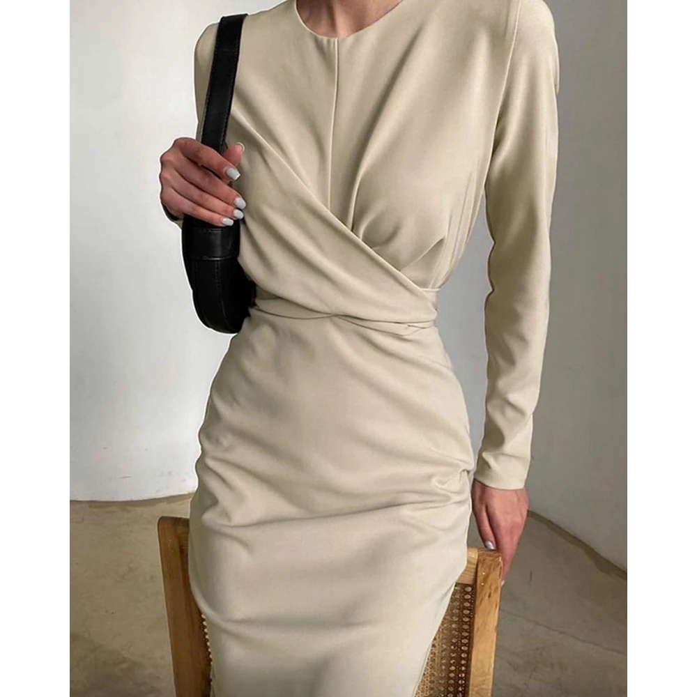 

Round Neck Long Sleeve Twist Ruched Midi Bodycon Dress