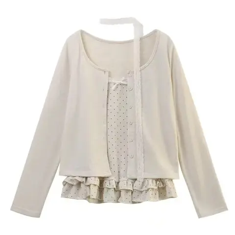 Women Korean Fashion Coquette Shoujo Girl Ballet Core Top Set 2000s Aesthetic T-Shirt Long Sleeve Tee Gyaru Design Vintage