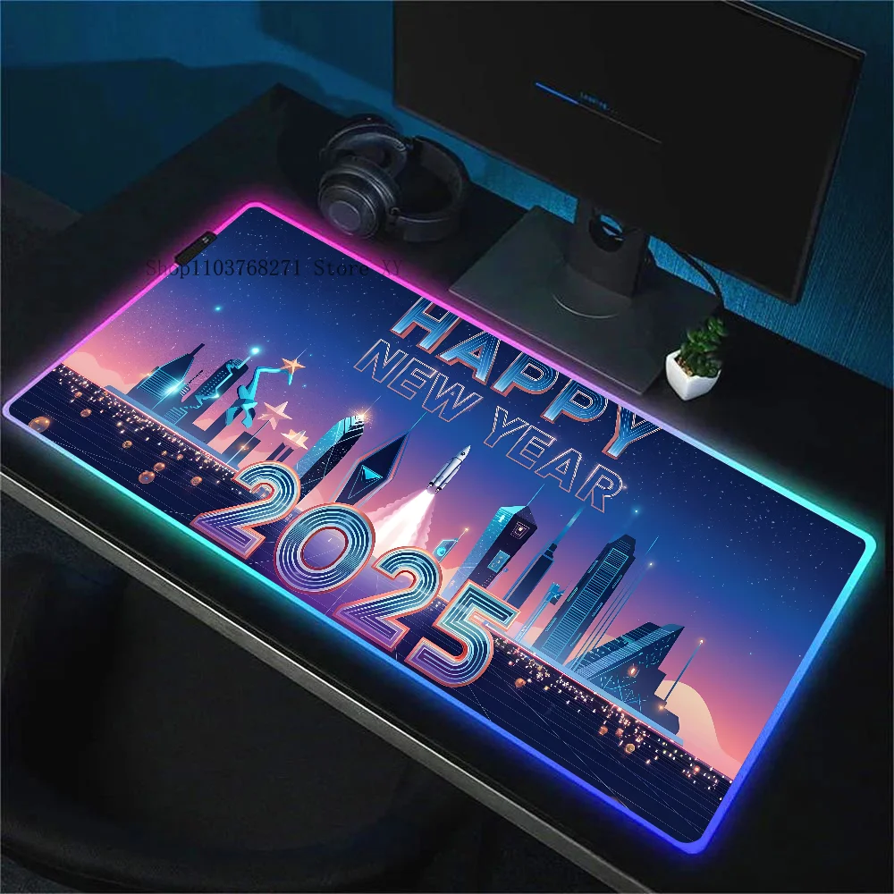 Feliz ano novo 2025 cidade futurista mousepad xxl rgb gaming mouse pads hd preto gamer acessórios grande led