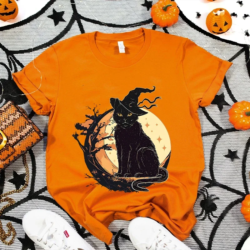 Women's Spooky Cat Print Tee Shirts Casual Female Halloween Black Cat T Shirt New Fashion Design Streetwear Women Tshirt Top