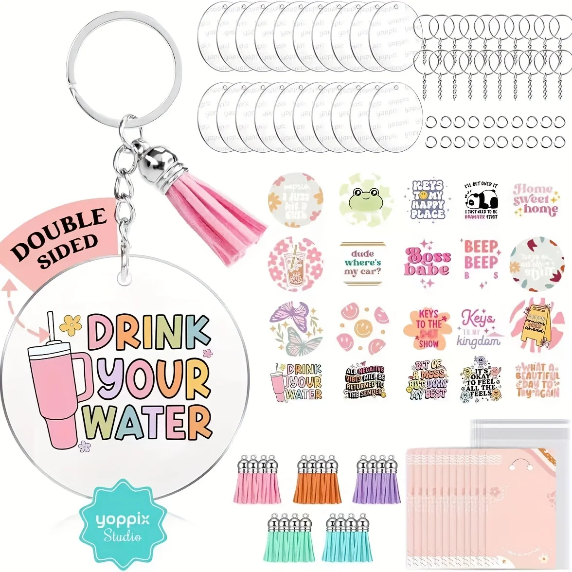 [2D Flat] 140pcs Acrylic Keychain Blank Set, Funny Double-Sided UV DTF Stickers Acrylic Keychain Making Kits For Vinyl Craft Project Employee Appreciation Gifts