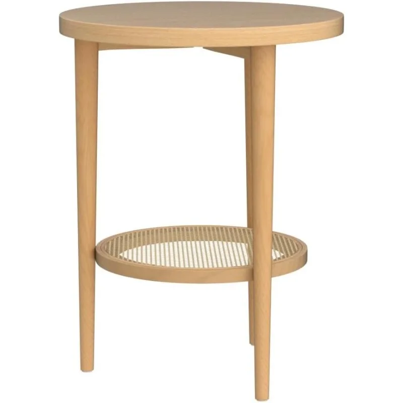 Sonia Boho Round Accent End Table, Natural Sofa Side Table in Light Wood with Rattan Storage Shelf for Living Room, Bedroom