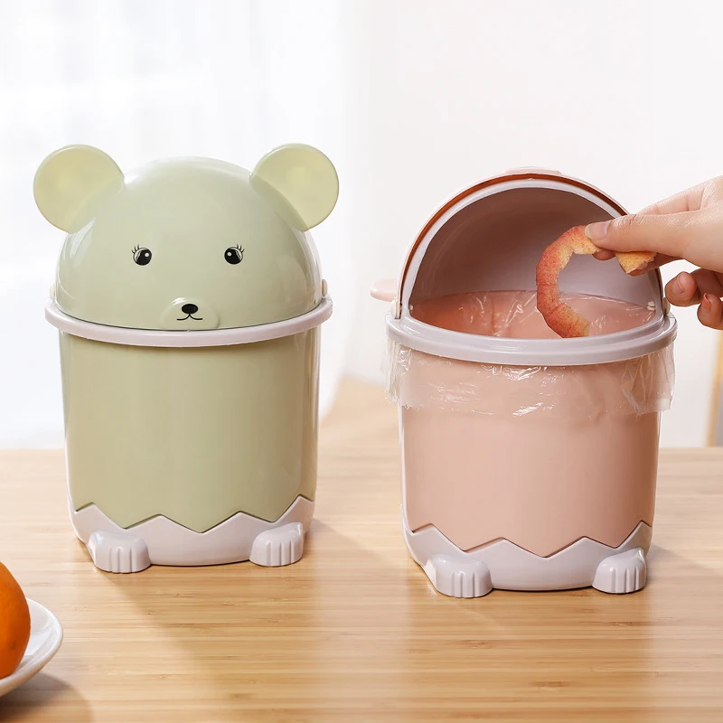 Desktop Trash Can Mini Cute Plastic Panda Flip-top Paper Basket Storage Bucket With Lid Table Debris Bucket Home Clean Dustbin