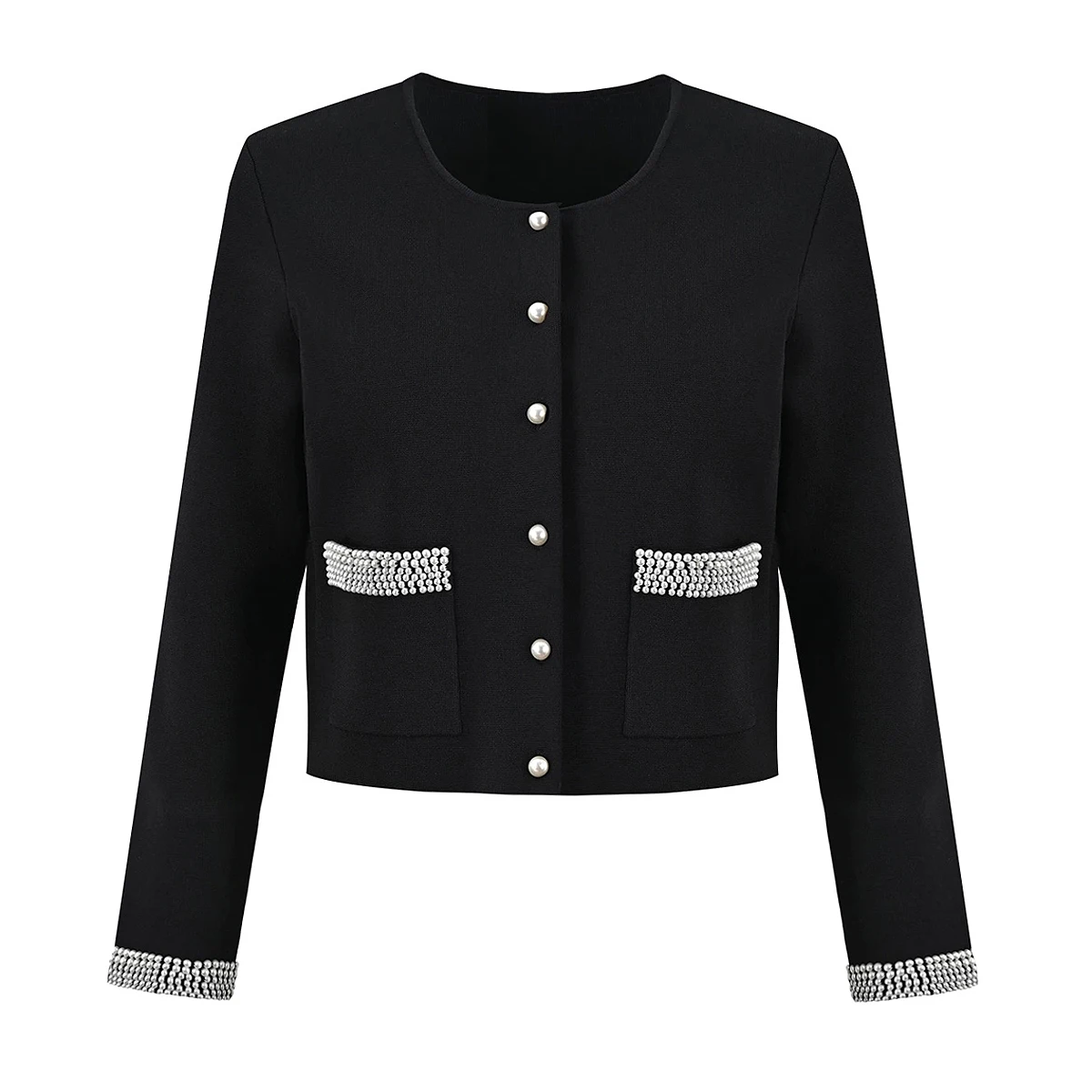 High Quality Summer And Autumn New Fashion Pearl Rivet Socialite Women's Long Sleeved Round Neck Knitted Top Cardigan Set