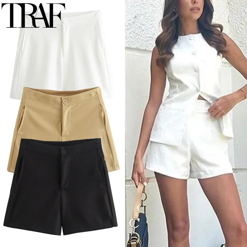 TRAF Women's Suit Shorts High Waist White Shorts For Women 2024 Summer Office Wear Baggy Black Shorts Casual Wide Short Pants