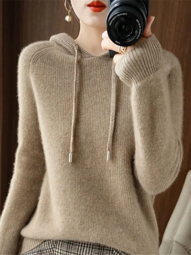 2022 Autumn winter new hooded and thickened knit Cashmere Hoodie Women's Loose Hooded Knitted Jacket Thick Sweater Outer Wear