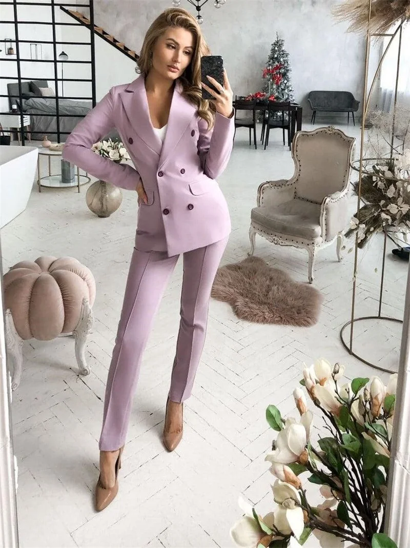 2 Stuk Fashion Vrouwen Suits Office Set (Blazer + Broek) slim Fit Elegante Double Breasted Formele Prom Avondjurk Custom Made