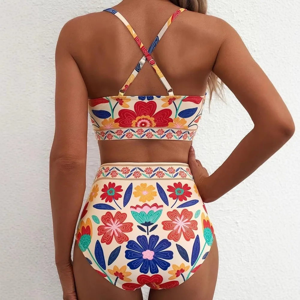 Women's 2 Piece High Waist U-Line Bikini Set Floral Print Cross Back Swimwear, Retro Tummy Control Bathing Suit With Tankini Swi